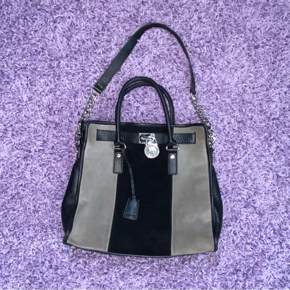 AUTH Michael Kors Large Hamilton Center Stripe Colorblock Suede Satchel Purse - Picture 13 of 13